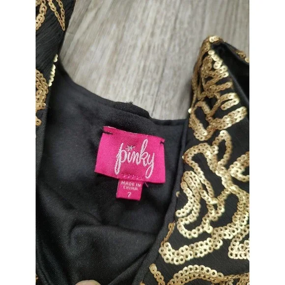 Pinky Girl's size 7 Black & Gold Sequin Mesh Sleeveless Holiday Dress - Picture 4 of 5